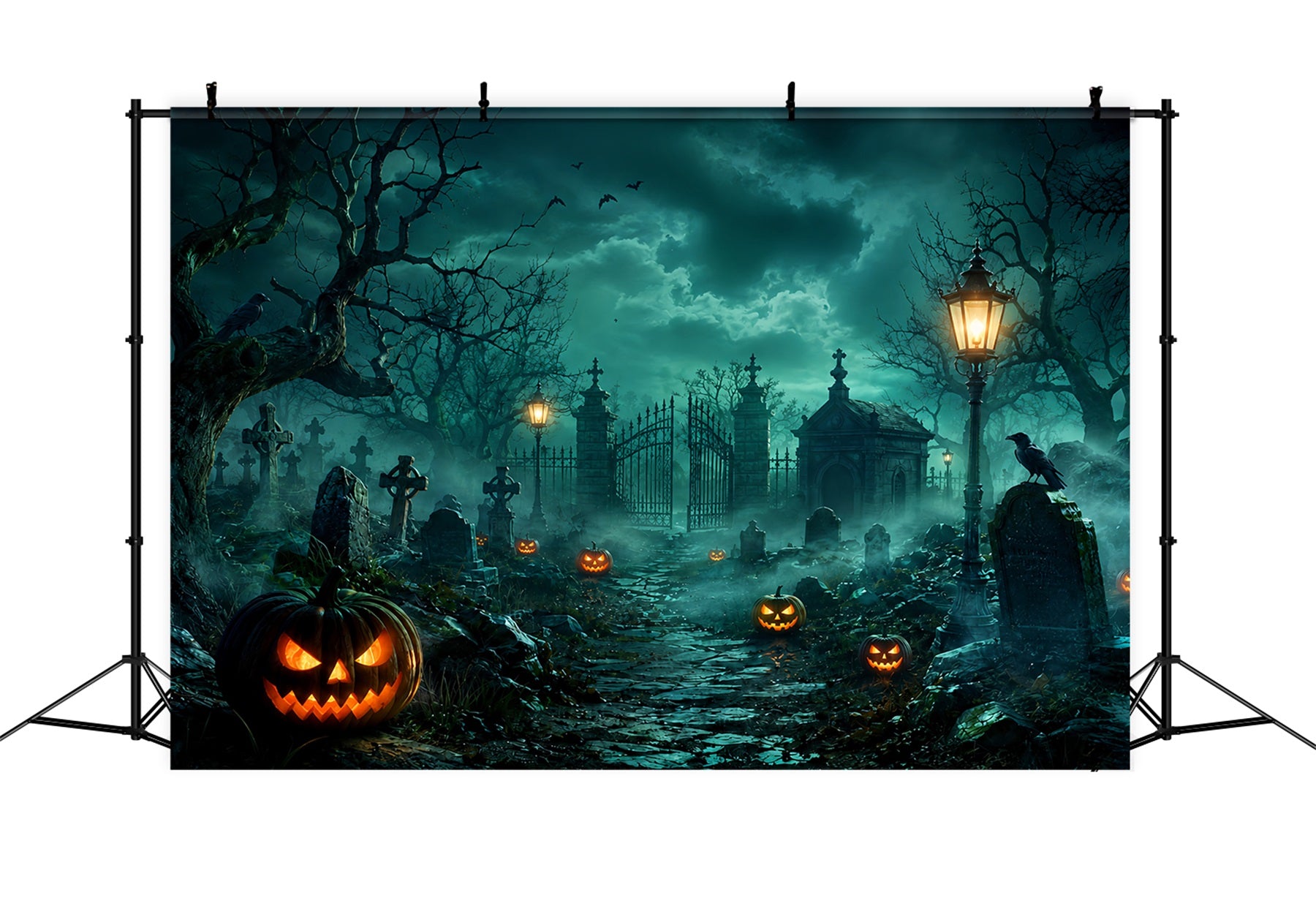 Custom Halloween Backdrop Foggy Graveyard Gate Pumpkins Halloween Graveyard Backdrop LXX67-14