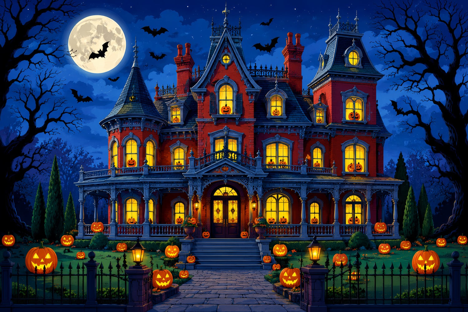 Halloween Backdrop Photo Booth Moonlit Pumpkin Manor Garden Backdrops Halloween LXX67-143