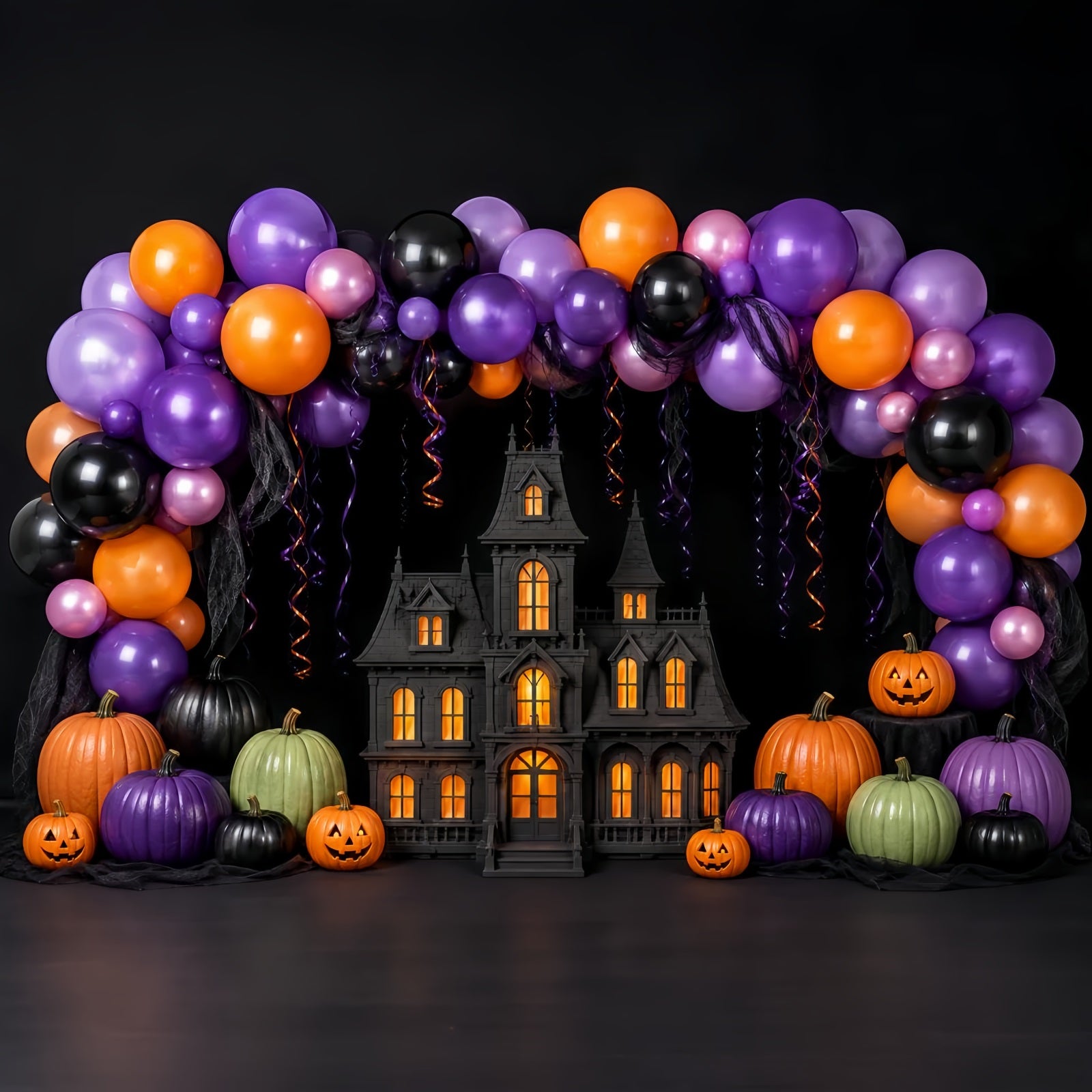 Halloween Baby Shower Backdrop Balloon Arch Haunted Mansion Photography Halloween Backdrop LXX67-145
