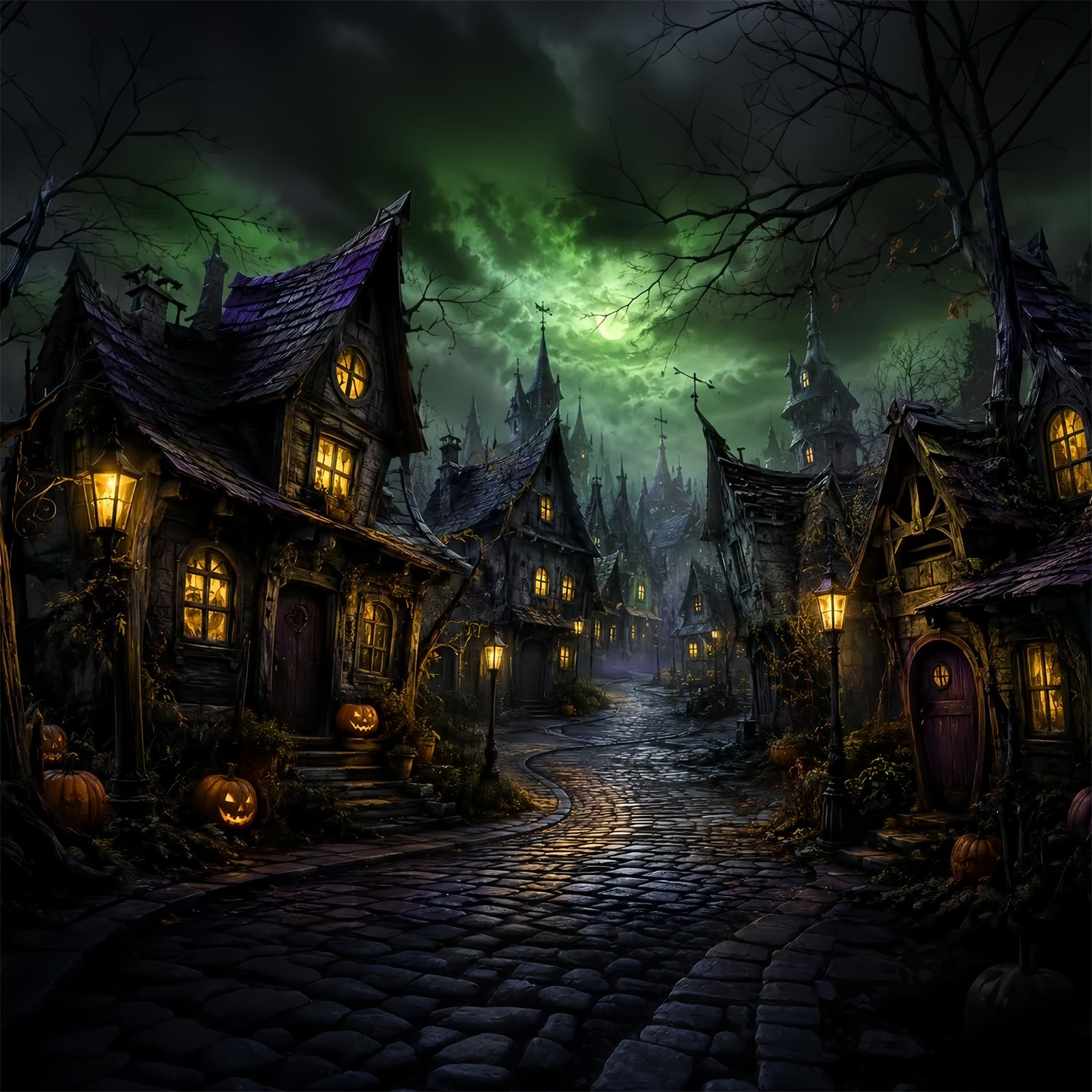 Photography Backdrops Halloween Green Moon Crooked Village Halloween Town Backdrop LXX67-146