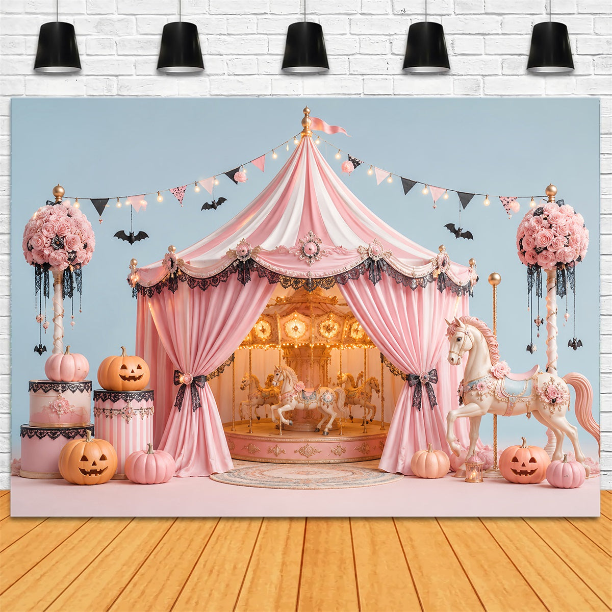 Halloween Backdrops For Pictures Pink Carousel Pumpkin Tent Halloween Circus Backdrop LXX67-148