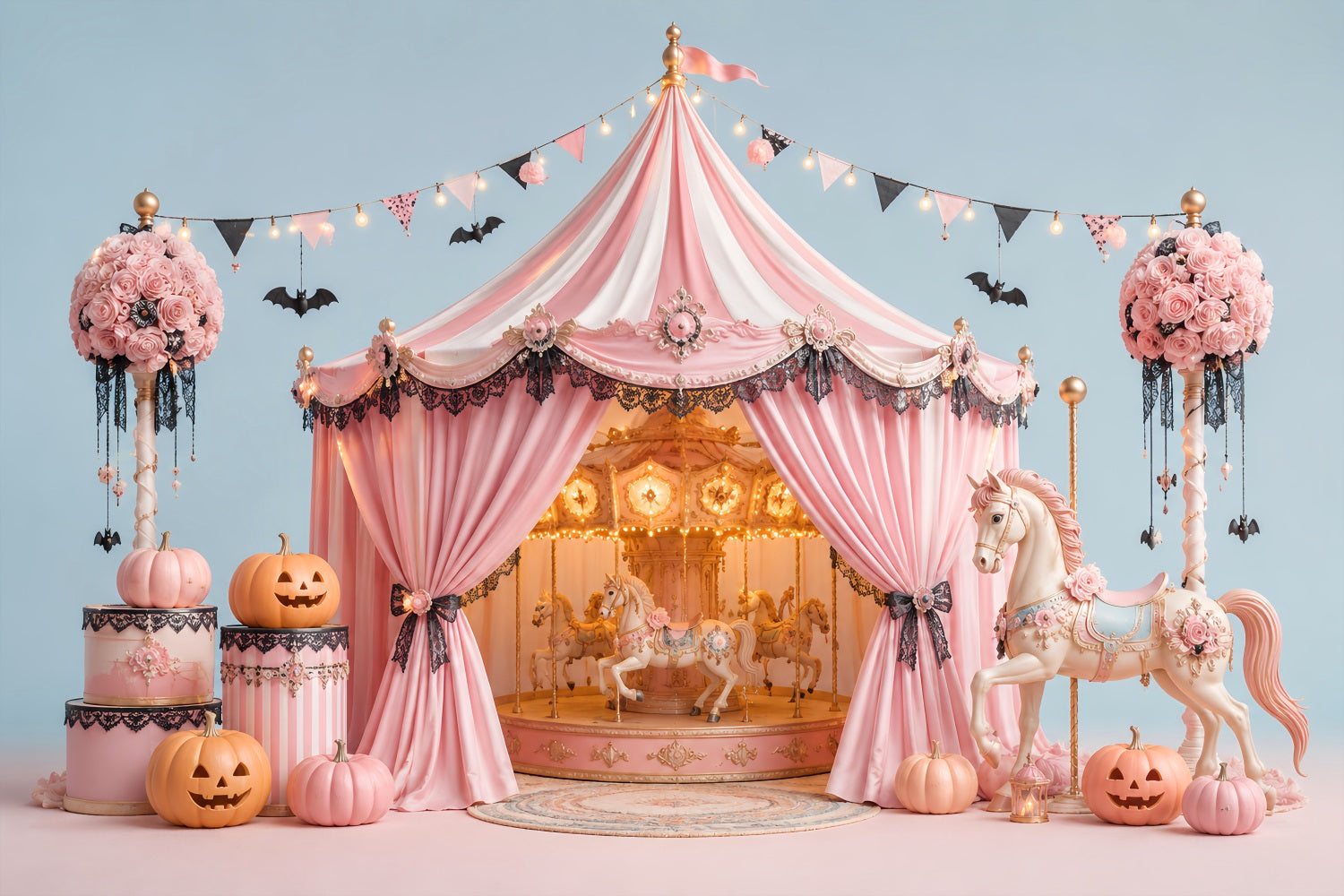 Halloween Backdrops For Pictures Pink Carousel Pumpkin Tent Halloween Circus Backdrop LXX67-148