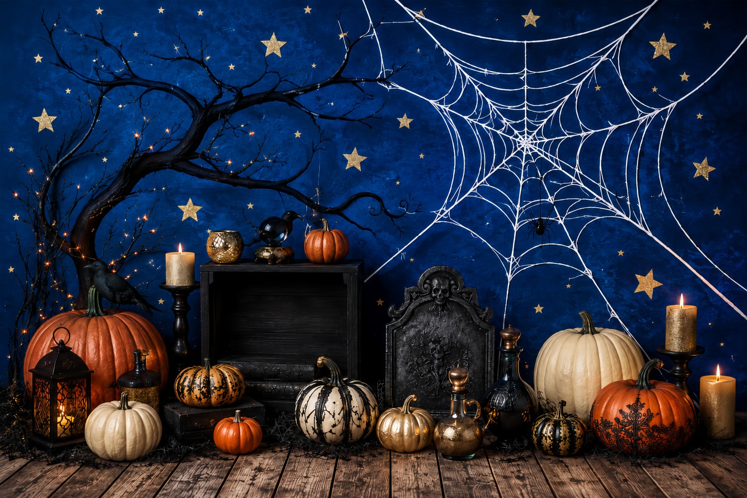 DIY Halloween Photo Booth Backdrop Spiderweb Pumpkin Candle Display 10x10 Halloween Backdrop LXX67-150