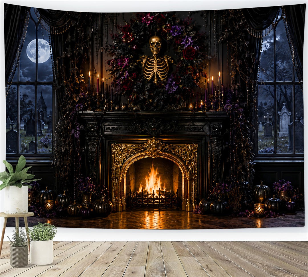Halloween Backdrop Photography Skeleton Floral Gothic Fireplace Halloween Scary Backdrop LXX67-151
