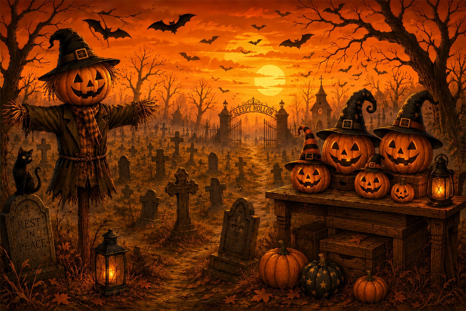 Halloween Cloth Backdrop Scarecrow Pumpkin Cemetery Sunset Graveyard Halloween Backdrops LXX67-152