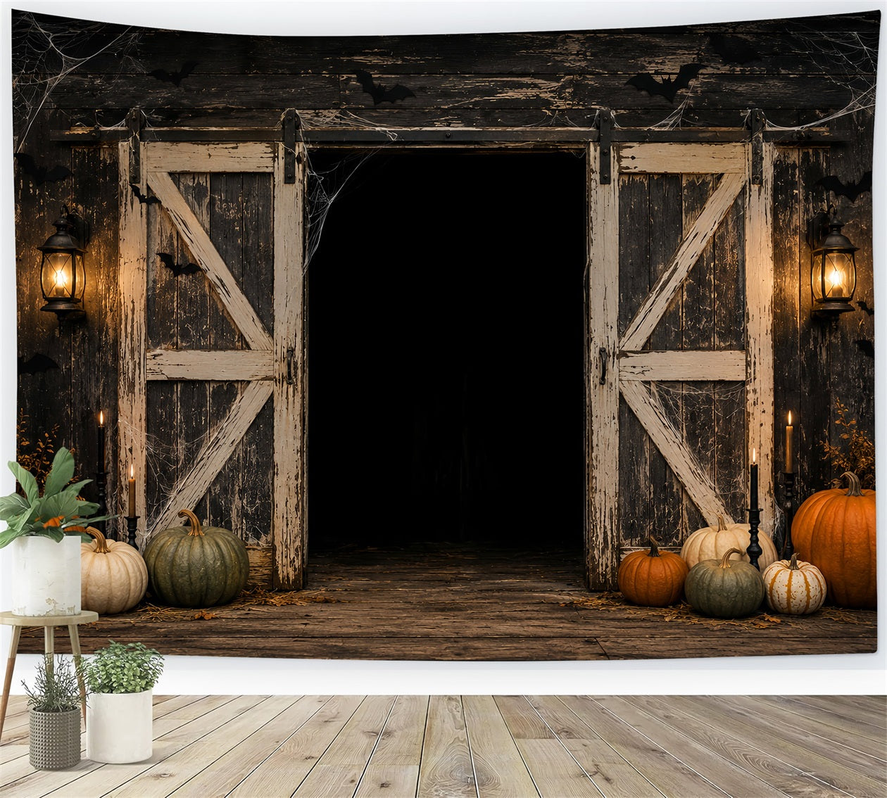 Halloween Scene Backdrop Rustic Pumpkin Barn Door Backdrop For Halloween LXX67-155