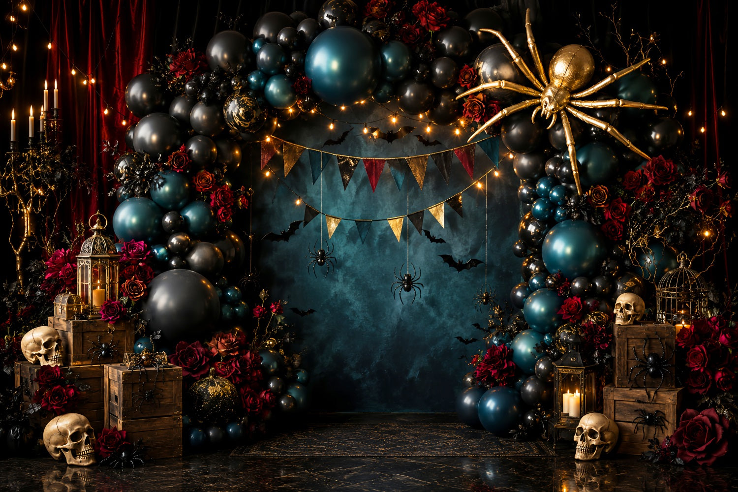 Scary Halloween Photo Backdrops Skull Spider Balloon Arch Happy Halloween Backdrop LXX67-156