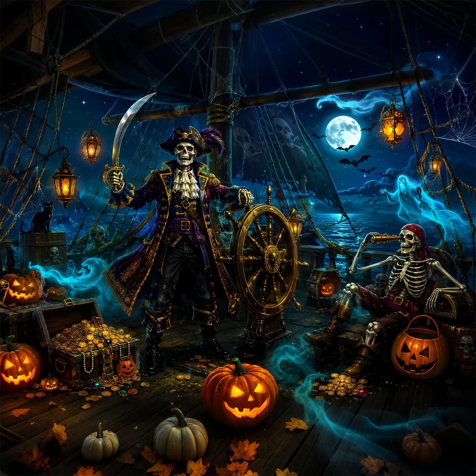Halloween Theme Backdrop Skeleton Pirate Treasure Ship Halloween Backdrop For Photos LXX67-163