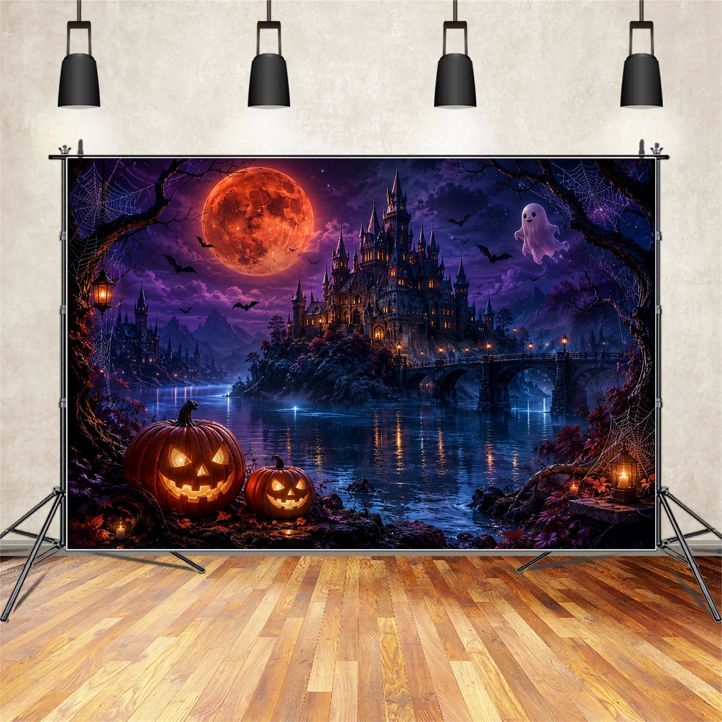 Halloween Moon Backdrop Moonlit Ghost Castle Lake Halloween Photo Backdrops LXX67-167