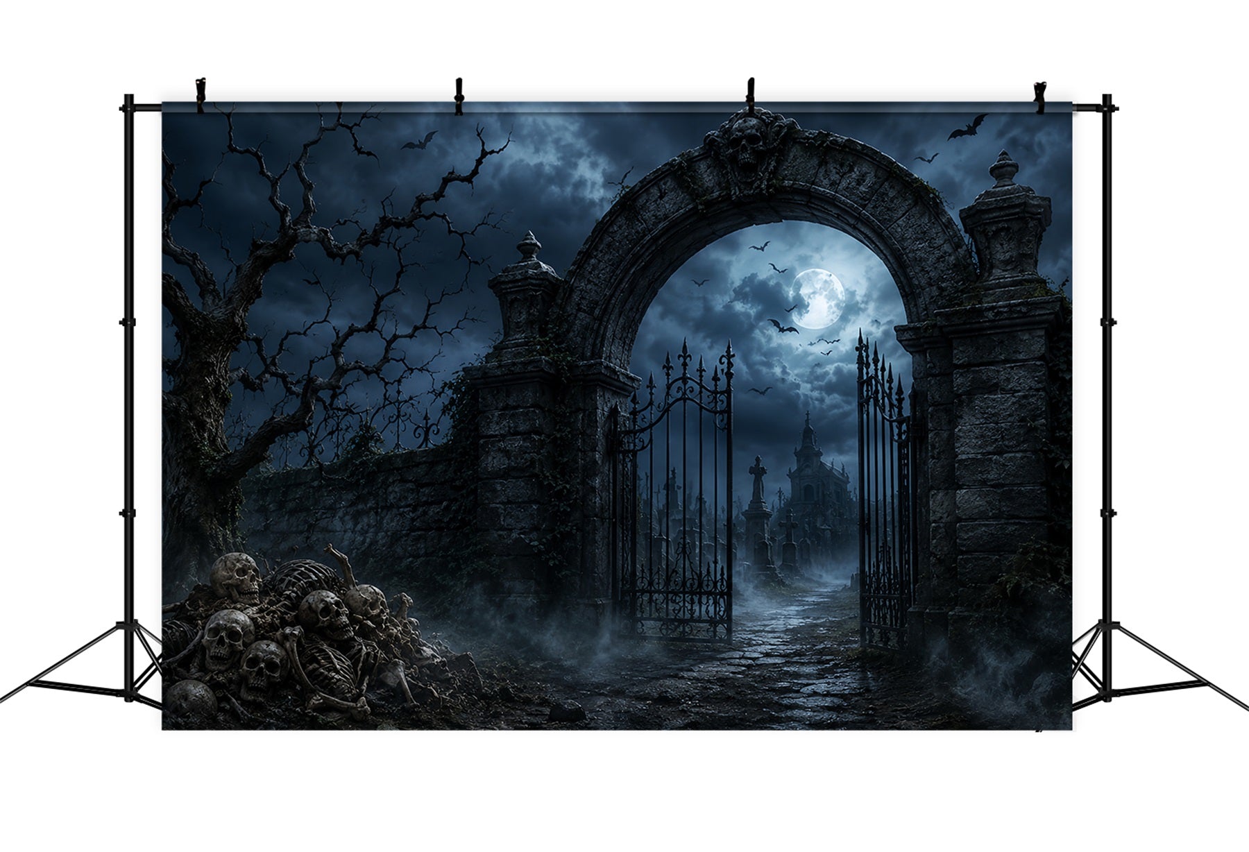 Outdoor Halloween Backdrop Skeleton Graveyard Stone Gateway Spooky Halloween Backdrop LXX67-168
