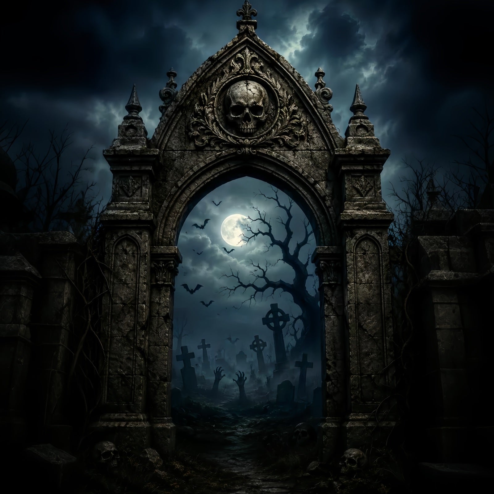 Halloween Outdoor Backdrop Gothic Skull Graveyard Arch Halloween Backdrops For Photos LXX67-170