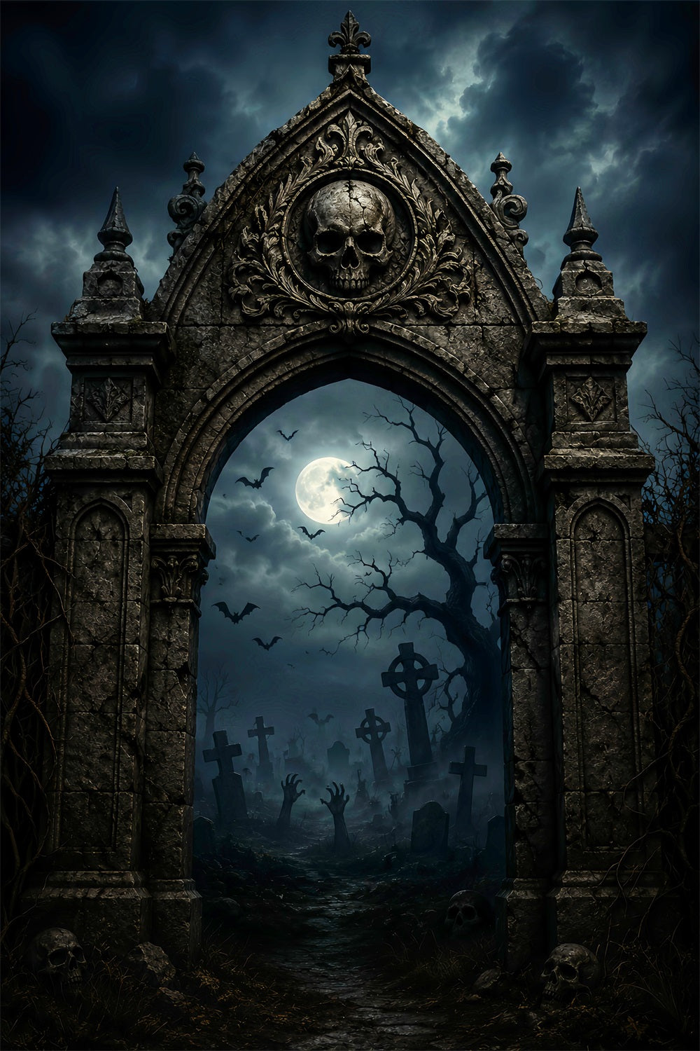 Halloween Outdoor Backdrop Gothic Skull Graveyard Arch Halloween Backdrops For Photos LXX67-170