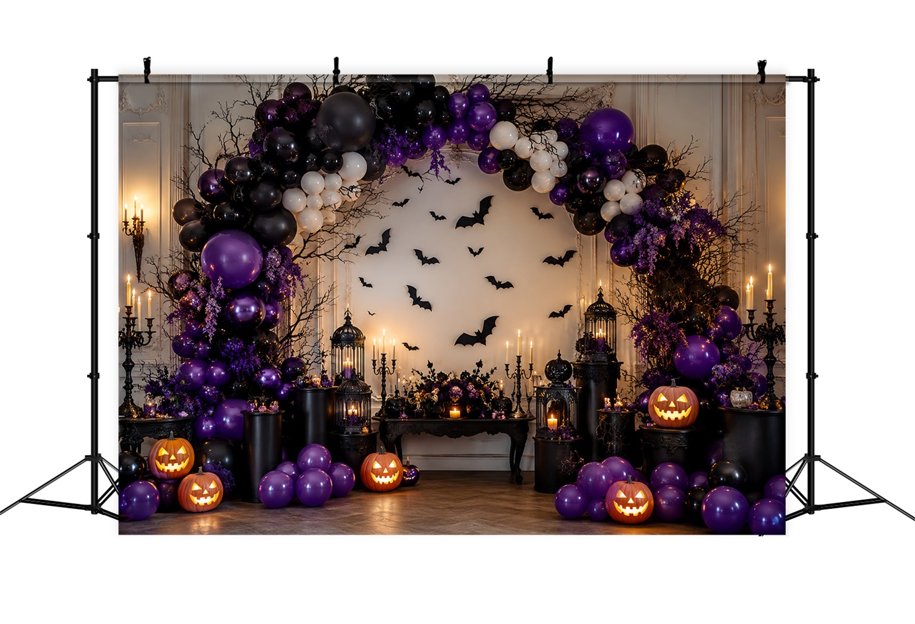Halloween Pumpkin Backdrop Purple Bat Balloon Arch Halloween Photo Backdrop Ideas LXX67-171