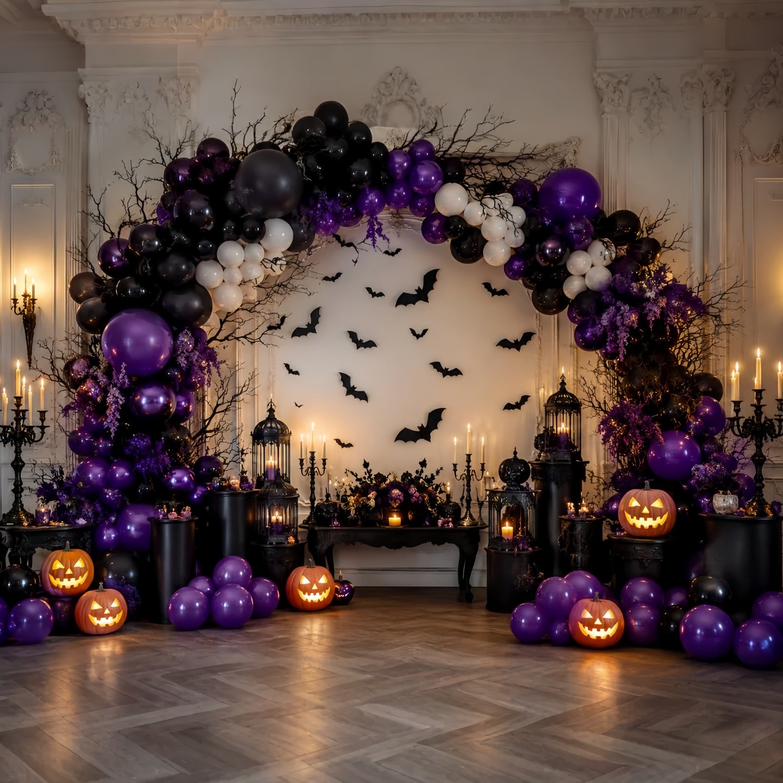 Halloween Pumpkin Backdrop Purple Bat Balloon Arch Halloween Photo Backdrop Ideas LXX67-171