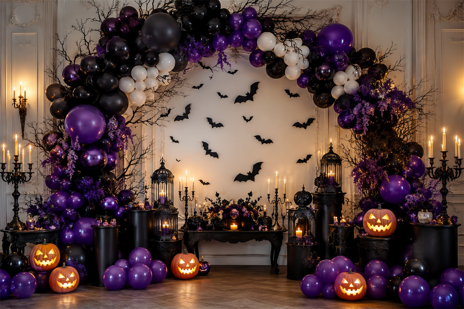 Halloween Pumpkin Backdrop Purple Bat Balloon Arch Halloween Photo Backdrop Ideas LXX67-171