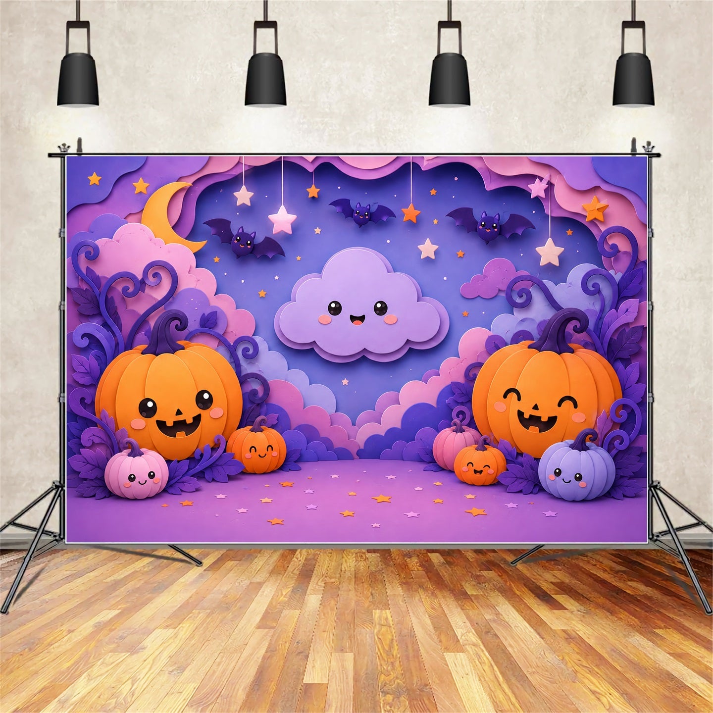 Cute Halloween Photo Backdrop Pastel Pumpkin Cloud Party Backdrop Halloween LXX67-172