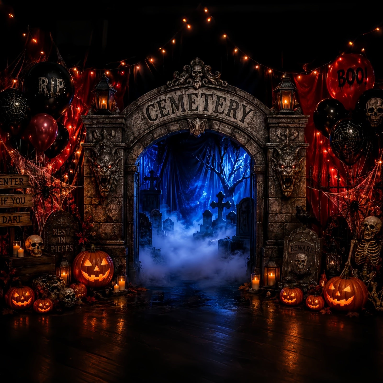 Halloween Cardboard Backdrops Foggy Cemetery Entrance Arch Halloween Photography Backdrop LXX67-178