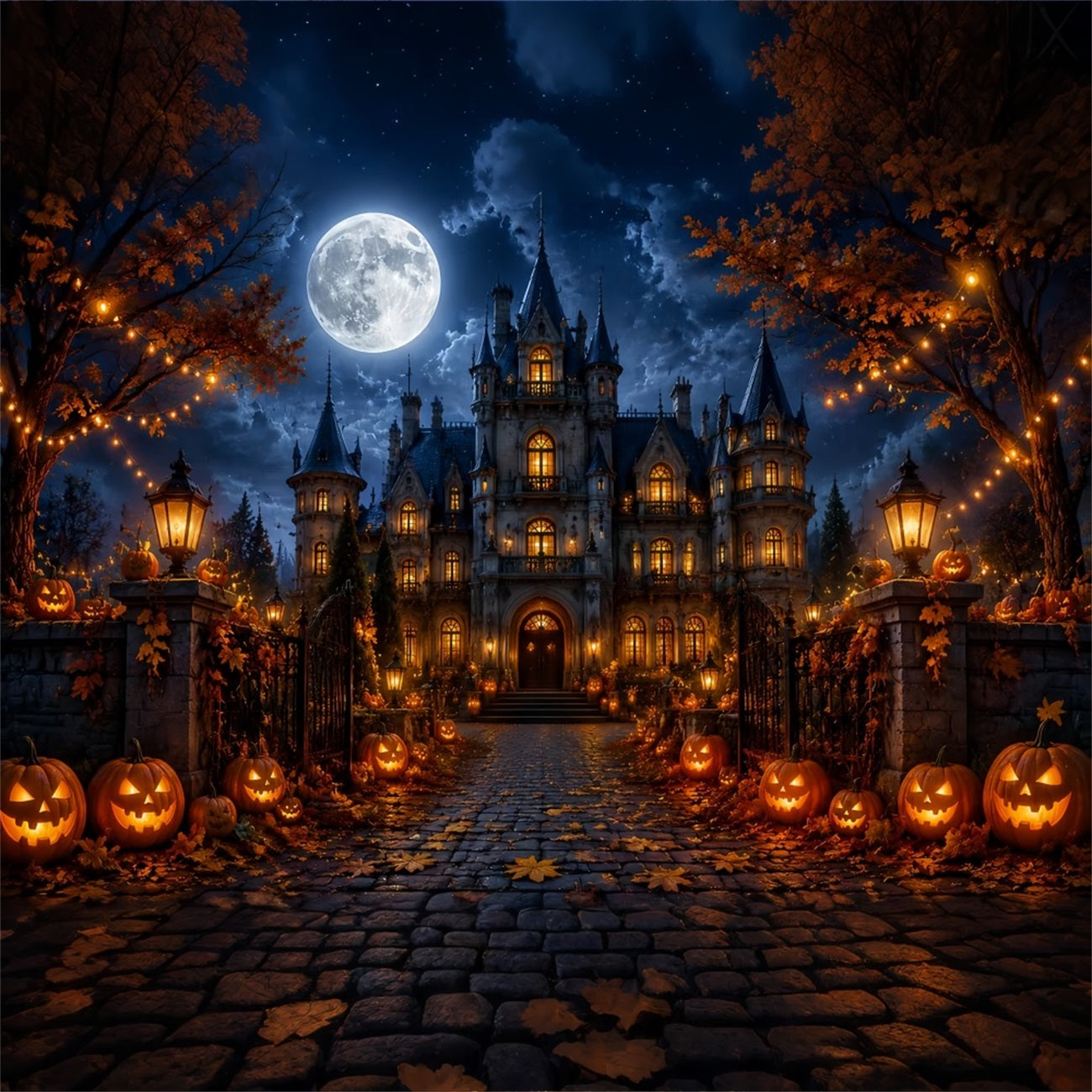 Fall Halloween Backdrop Moonlit Gothic Mansion Pumpkins Scary Halloween Backdrops LXX67-18