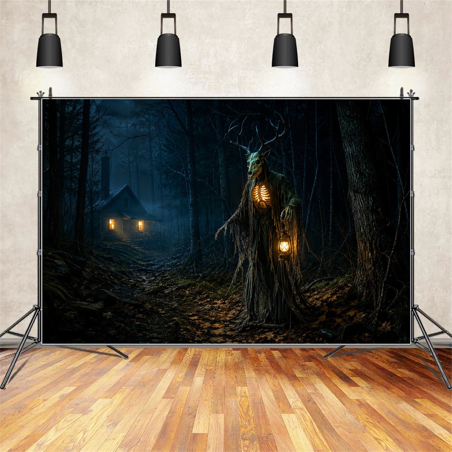 Halloween Backdrop Outdoor Antlered Forest Spirit Cabin Photo Backdrop Halloween LXX67-180