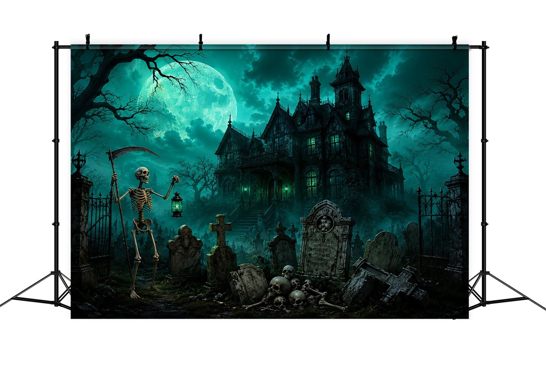 Halloween Graveyard Backdrops Moonlit Skeleton Cemetery Mansion Photo Booth Halloween Backdrop LXX67-181