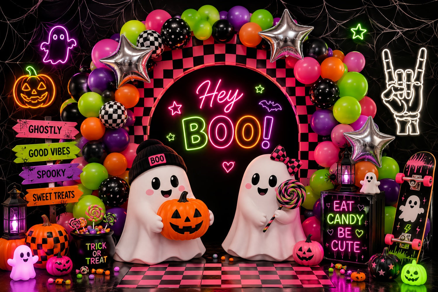 Halloween Backdrop For Photo Booth Neon Ghost Balloon Party Cute Halloween Backdrop LXX67-182
