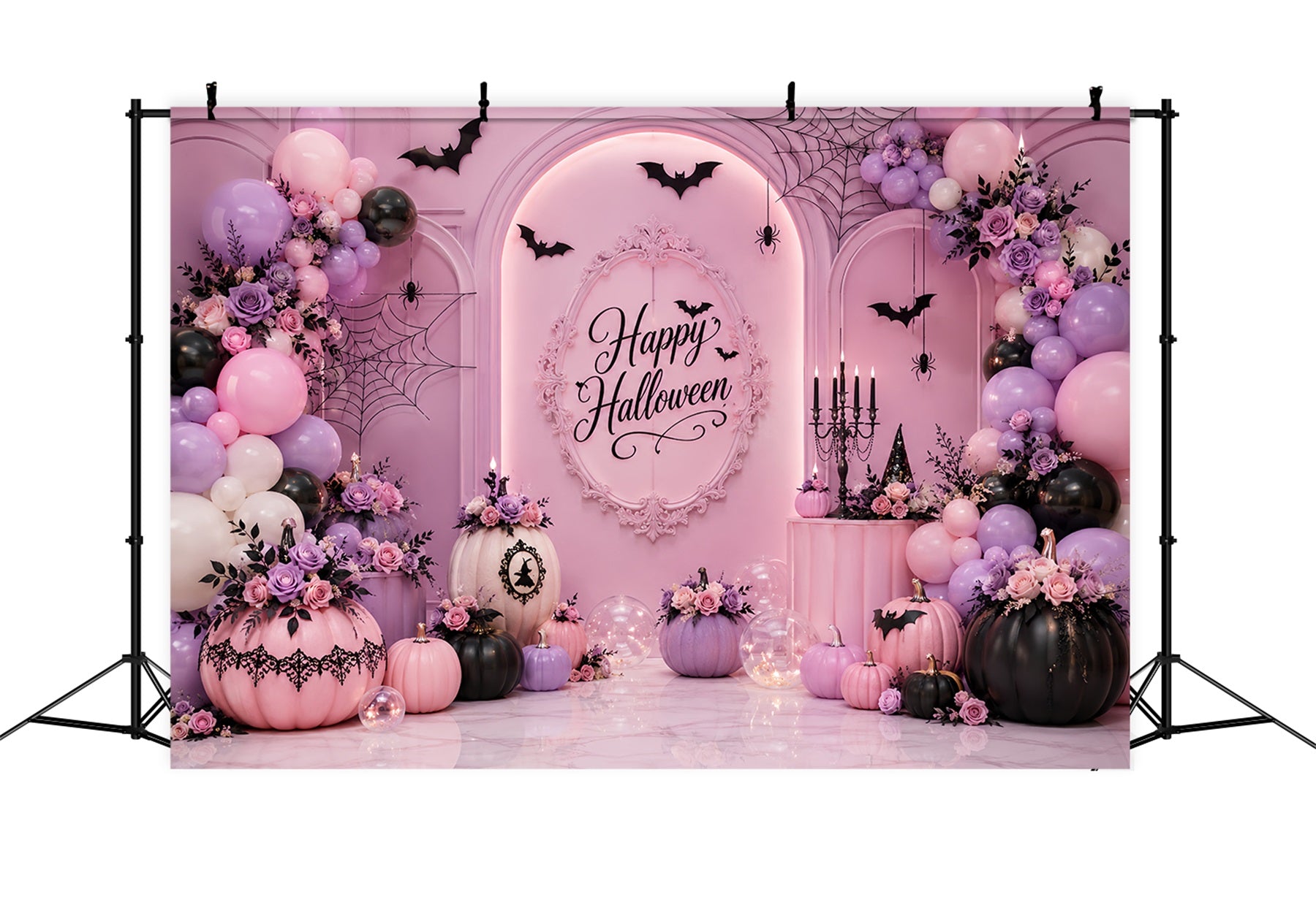 Halloween Picture Backdrops Pastel Pumpkin Floral Balloon Arch Halloween Birthday Backdrop LXX67-185