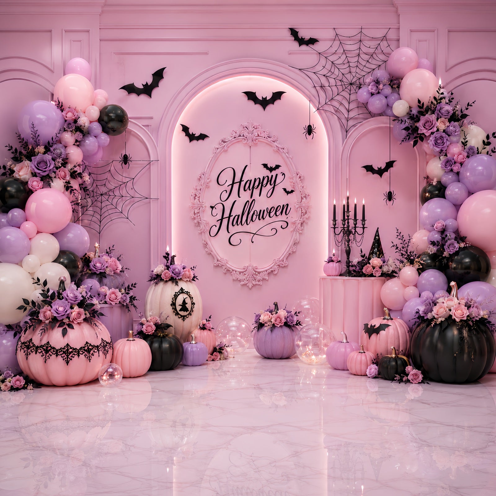 Halloween Picture Backdrops Pastel Pumpkin Floral Balloon Arch Halloween Birthday Backdrop LXX67-185