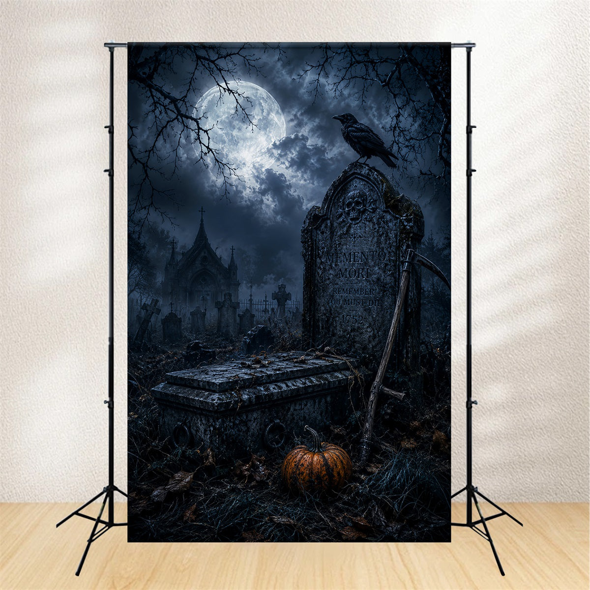 Halloween House Backdrop Moonlit Raven Tombstone Graveyard Halloween Cemetery Backdrop LXX67-186