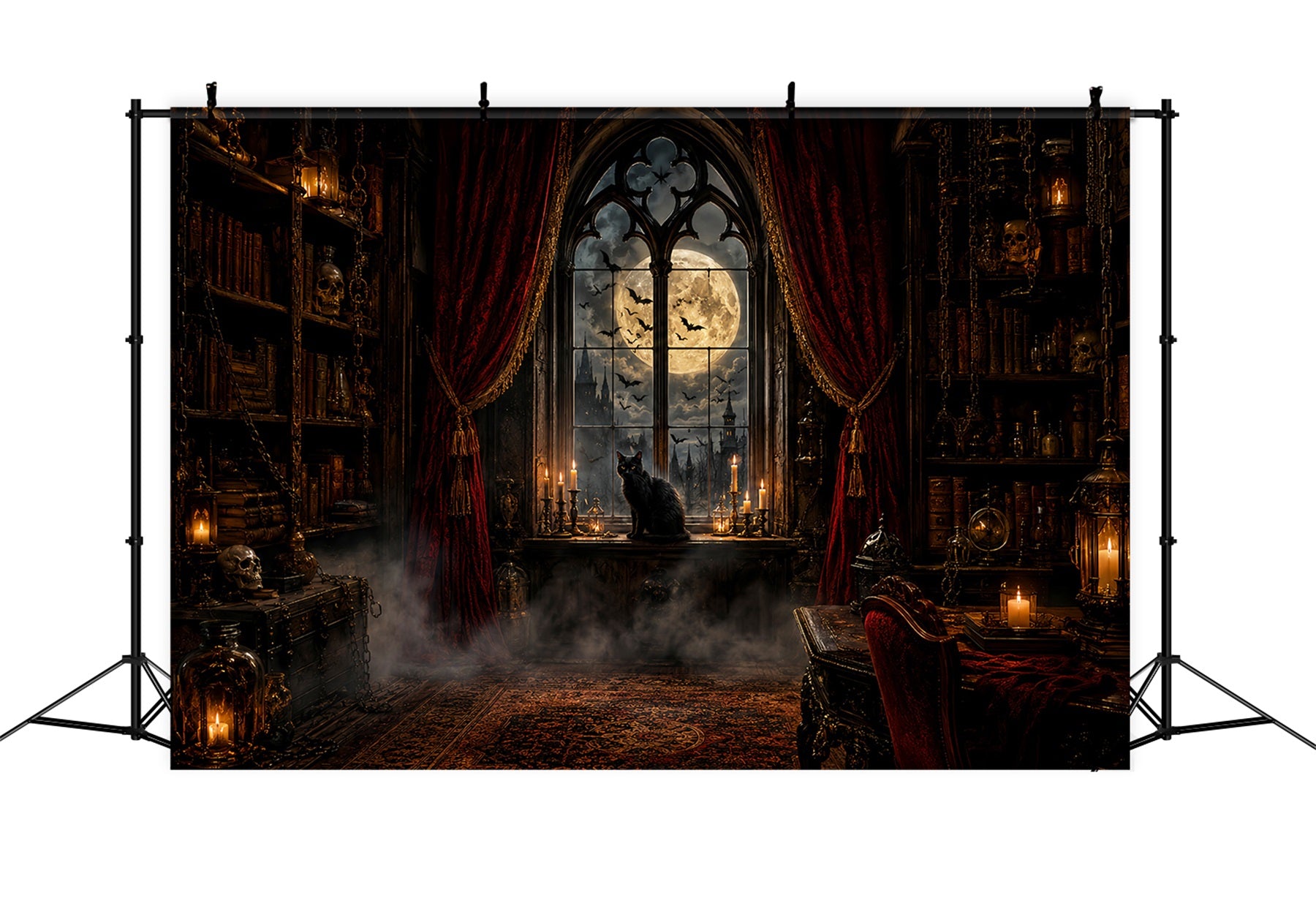 Scary Halloween Backdrop Ideas Moonlit Gothic Cat Library Halloween Photoshoot Backdrop LXX67-187
