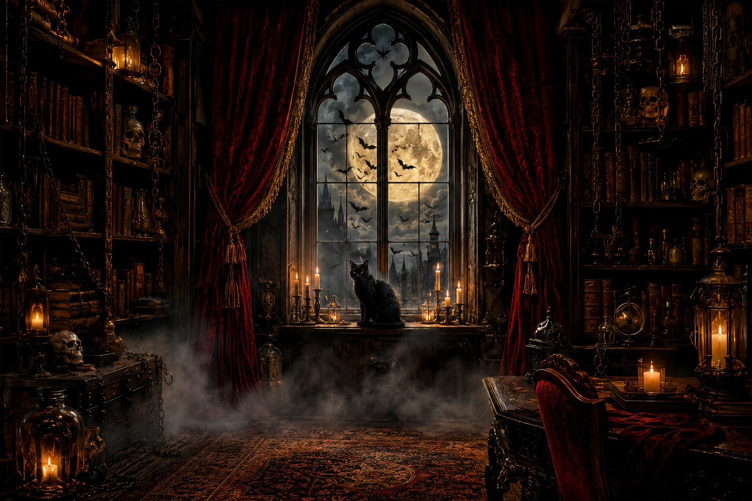 Scary Halloween Backdrop Ideas Moonlit Gothic Cat Library Halloween Photoshoot Backdrop LXX67-187