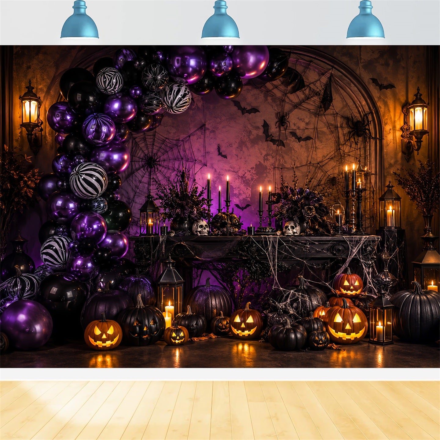 Halloween Balloon Backdrop Purple Pumpkin Spider Web Halloween Themed Backdrop LXX67-189