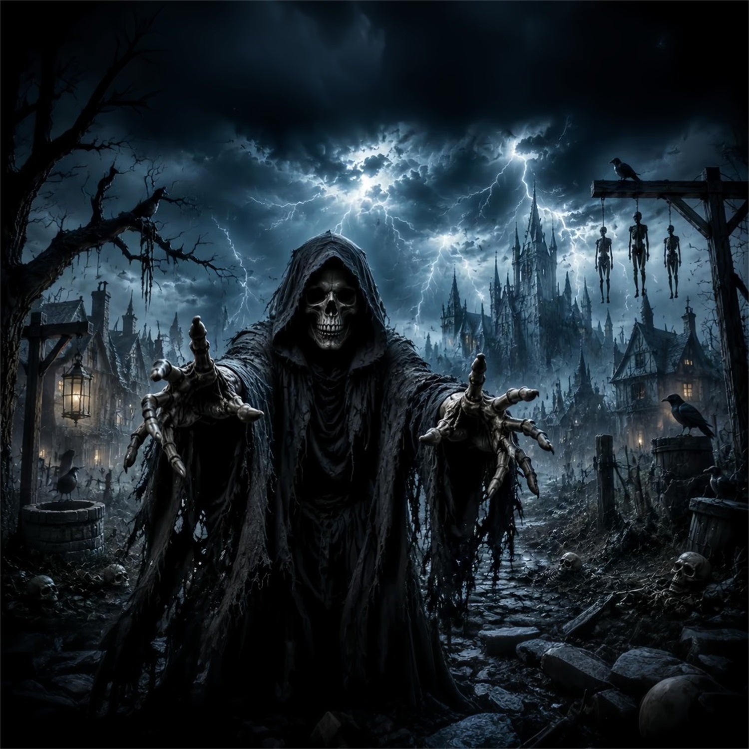 Halloween Ghost Backdrop Grim Reaper Skeleton Village Scary Halloween Backdrop LXX67-19