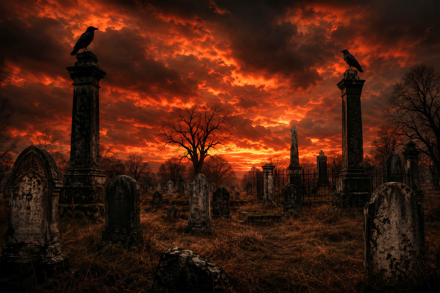 DIY Halloween Backdrop Ideas Fiery Sunset Raven Graveyard Scary Backdrops For Halloween LXX67-190