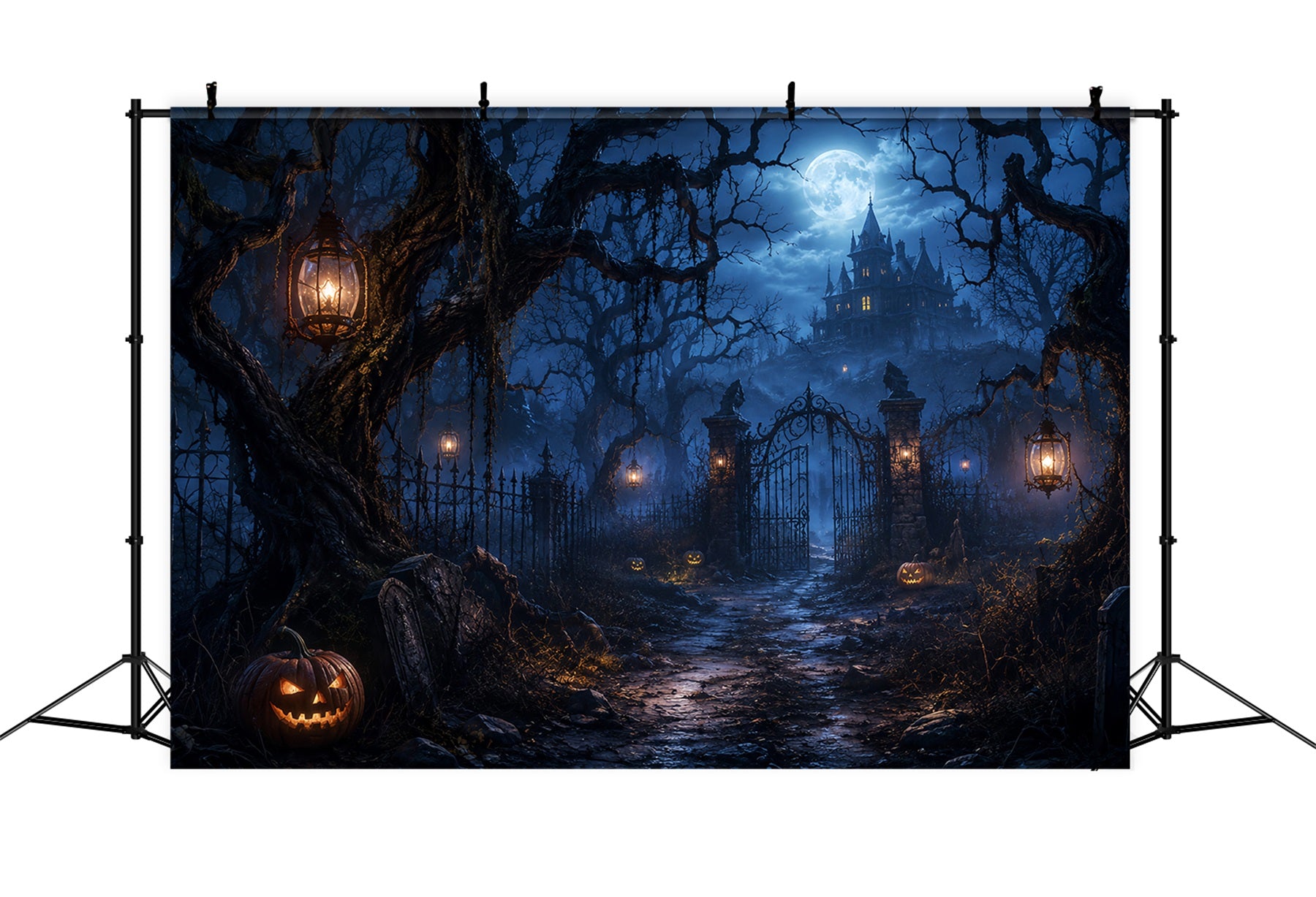 Halloween Forest Backdrop Moonlit Haunted Mansion Gateway Vintage Halloween Backdrop LXX67-191