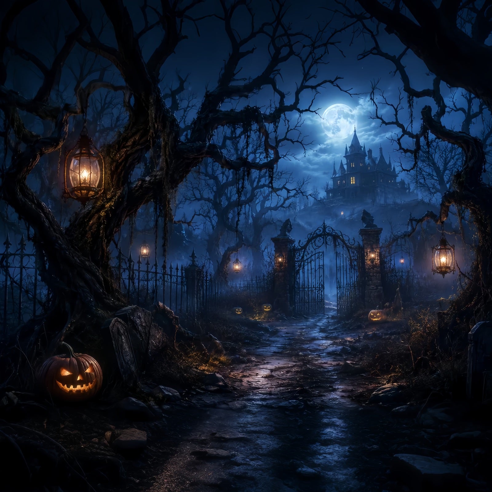 Halloween Forest Backdrop Moonlit Haunted Mansion Gateway Vintage Halloween Backdrop LXX67-191