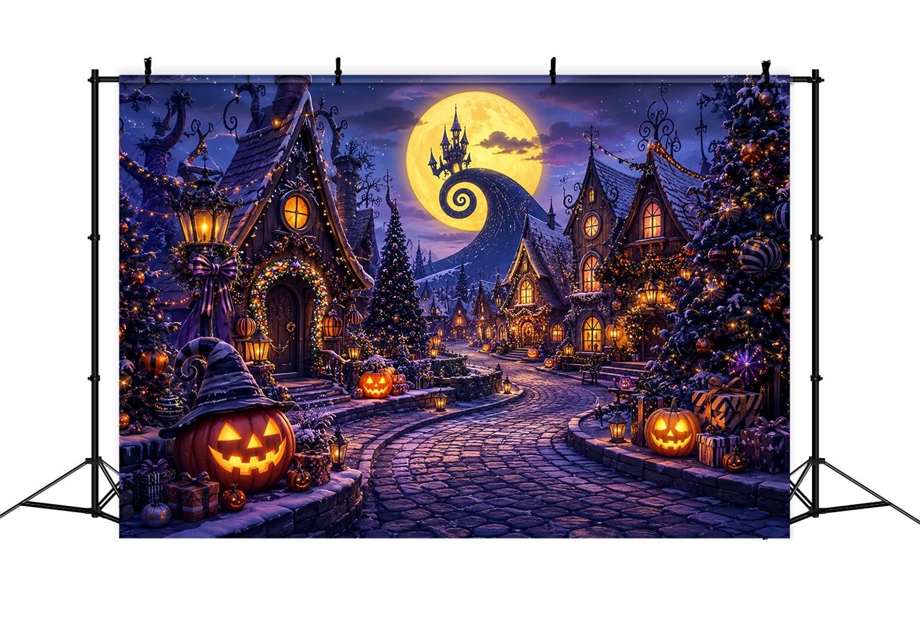 Photography Backdrops Halloween Moonlit Pumpkin Holiday Village Halloween Town Backdrop LXX67-196