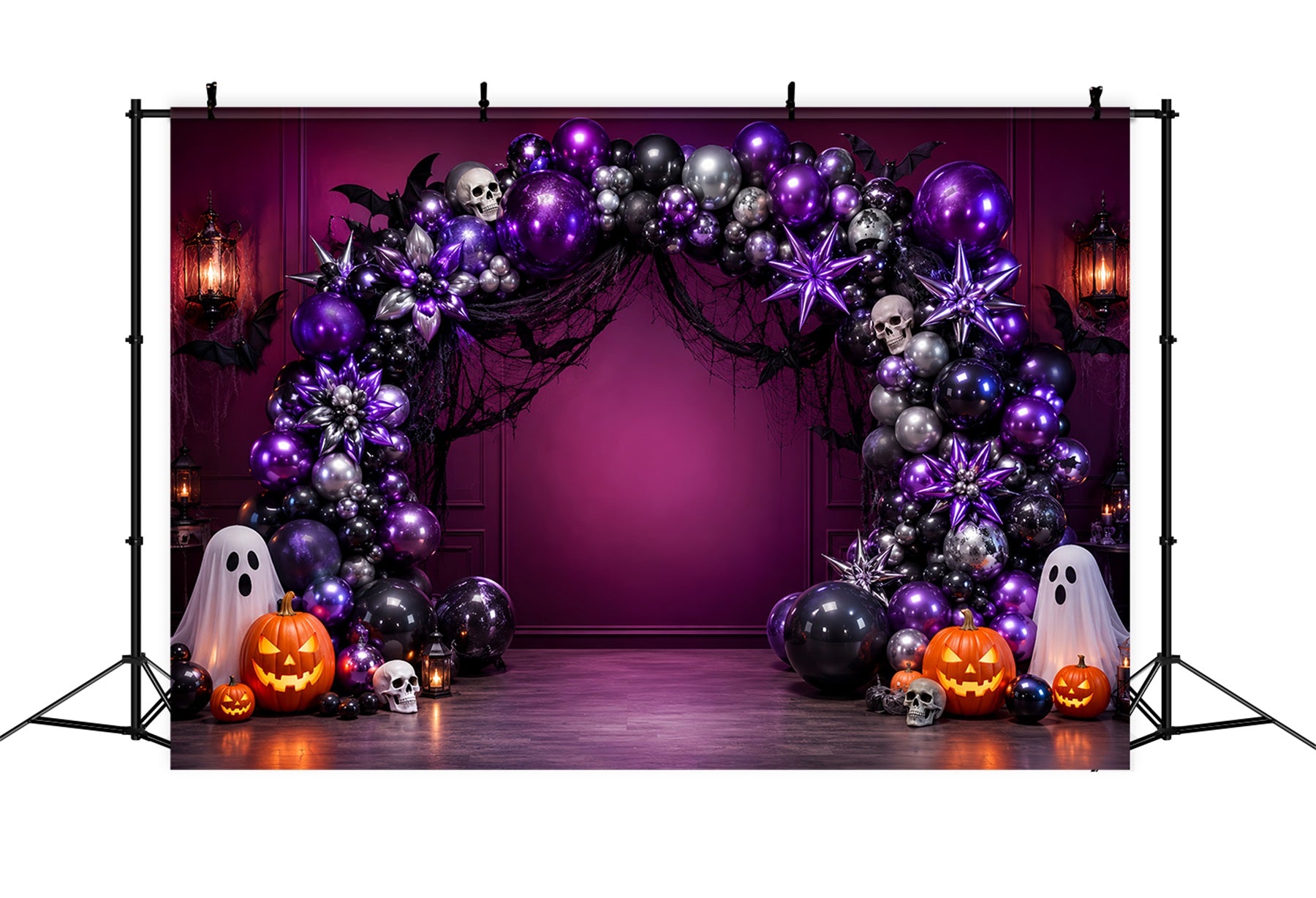 Halloween Backdrop Ideas DIY Purple Skull Ghost Balloon Arch Purple Halloween Backdrop LXX67-203