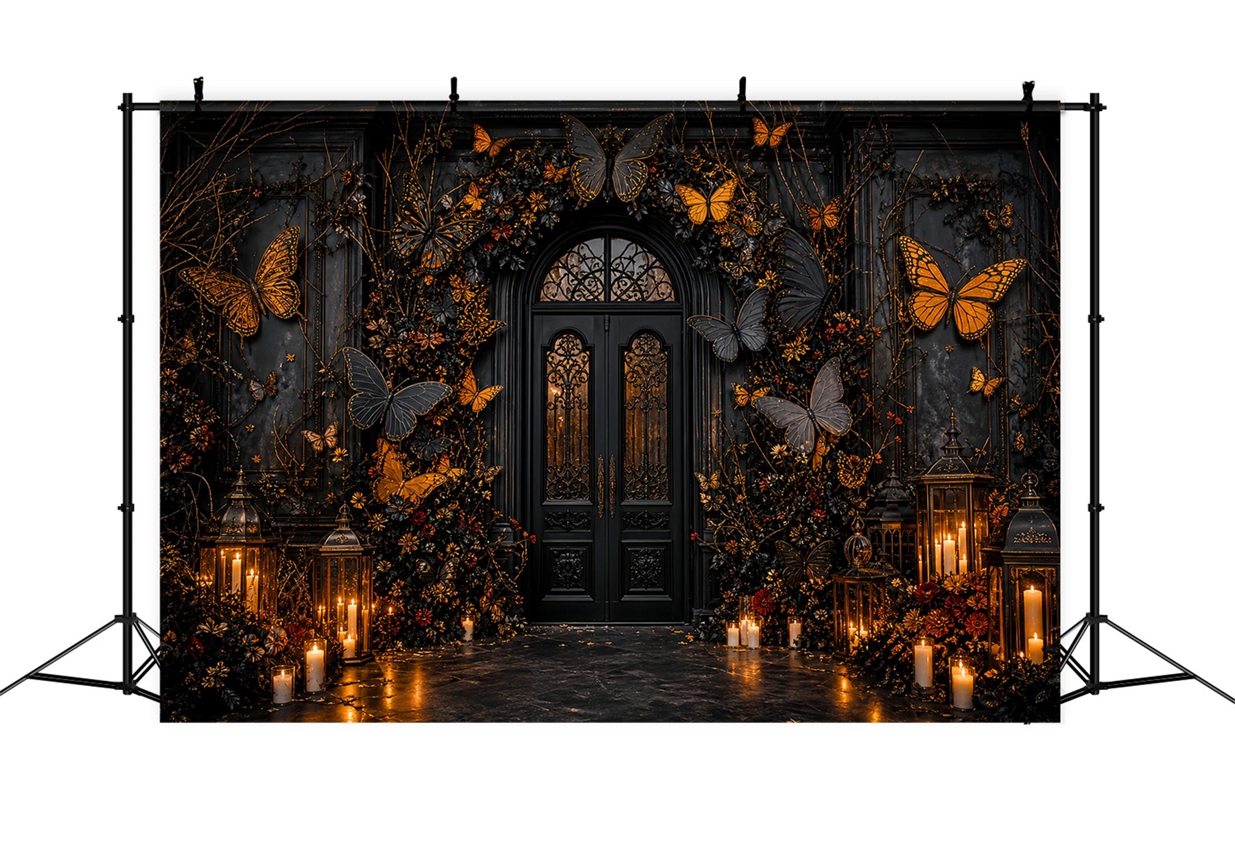 Halloween Party Photo Backdrop Ideas Black Gold Butterfly Entrance Creepy Halloween Backdrop LXX67-204