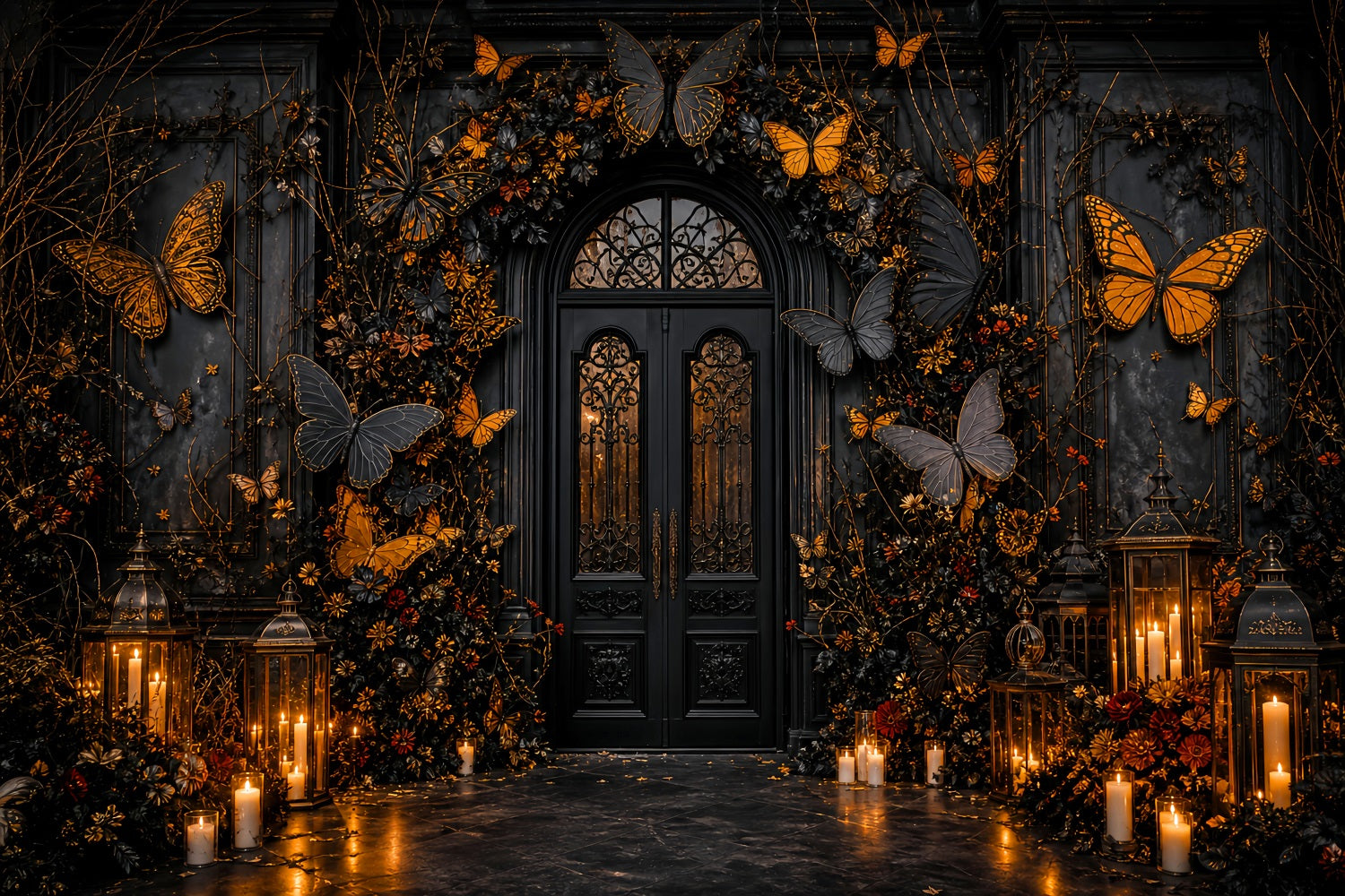 Halloween Party Photo Backdrop Ideas Black Gold Butterfly Entrance Creepy Halloween Backdrop LXX67-204