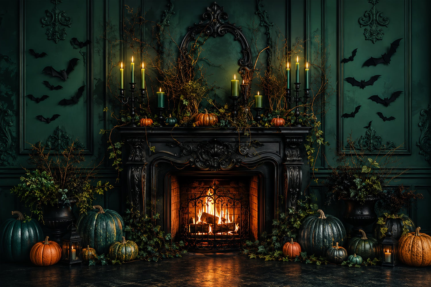 Scary Halloween Photo Backdrops Emerald Pumpkin Fireplace Mantel Happy Halloween Backdrop LXX67-206