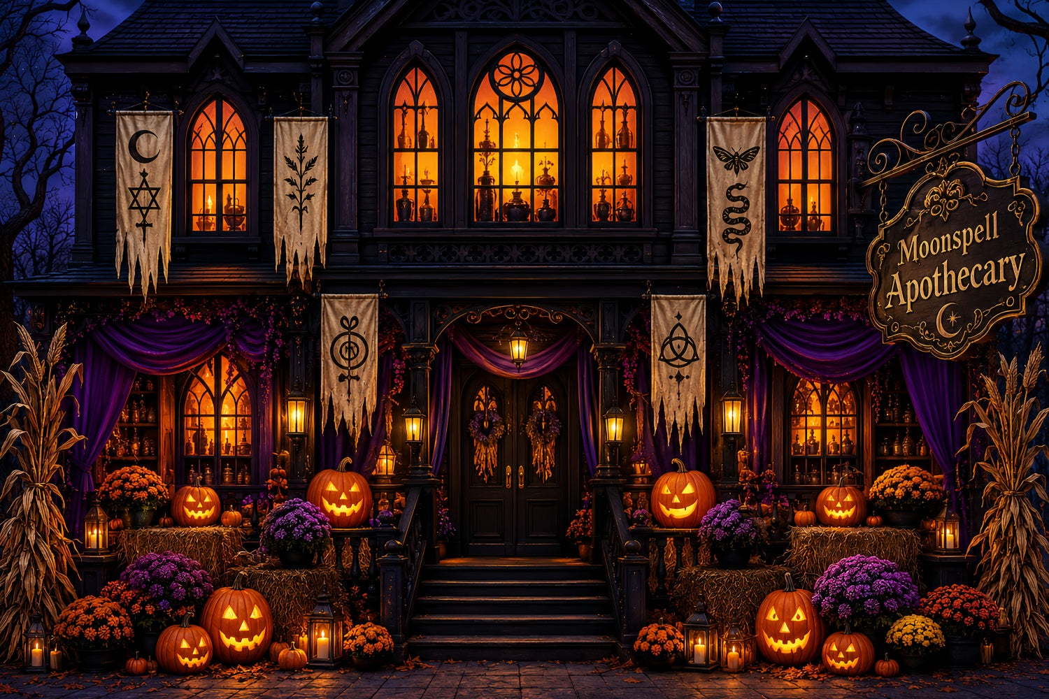 Halloween Backdrop Photos Gothic Pumpkin Apothecary Facade DIY Halloween Photo Backdrop LXX67-209