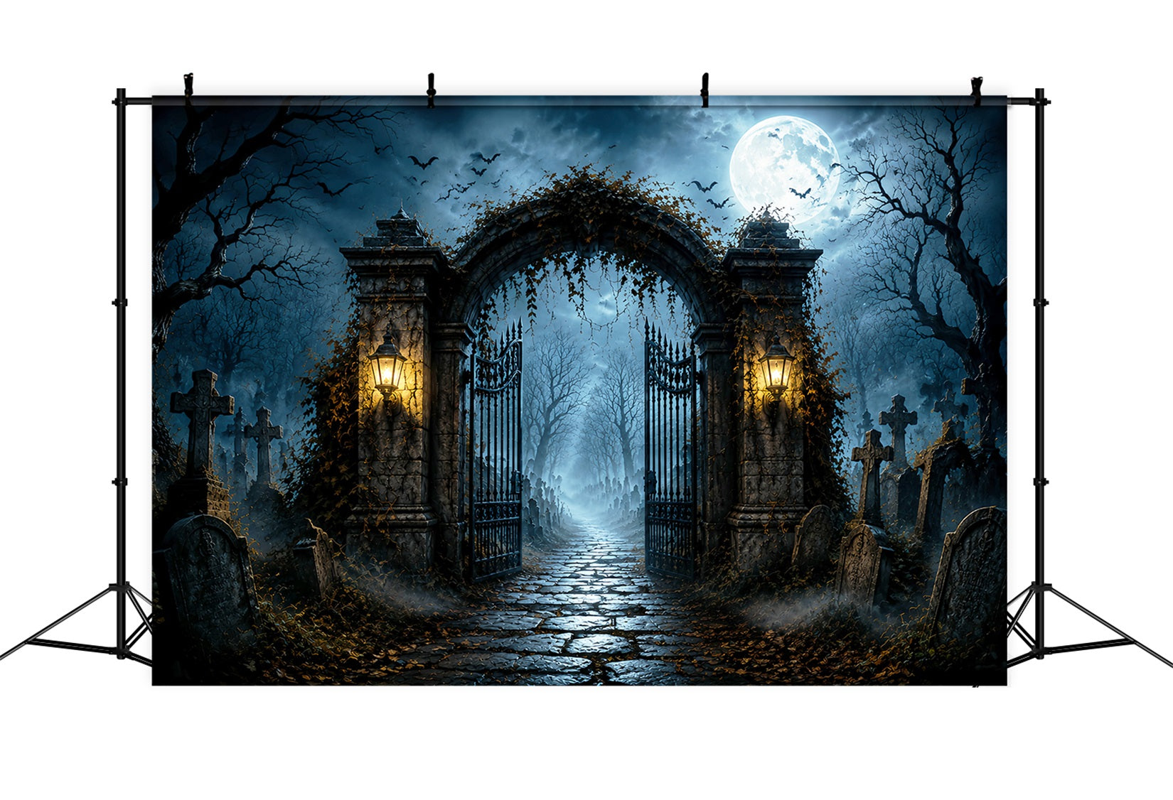 Backdrop Halloween Photo Booth Moonlit Cemetery Iron Gate Halloween Party Photo Backdrop LXX67-21