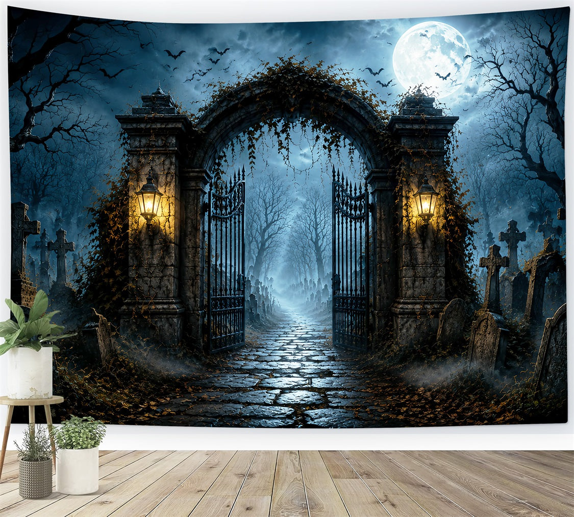 Backdrop Halloween Photo Booth Moonlit Cemetery Iron Gate Halloween Party Photo Backdrop LXX67-21