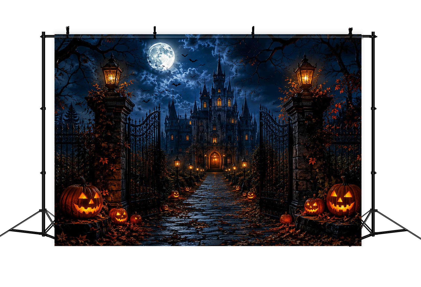 Haunted Forest Backdrop Moonlit Gothic Castle Gate Halloween Wall Backdrop LXX67-218