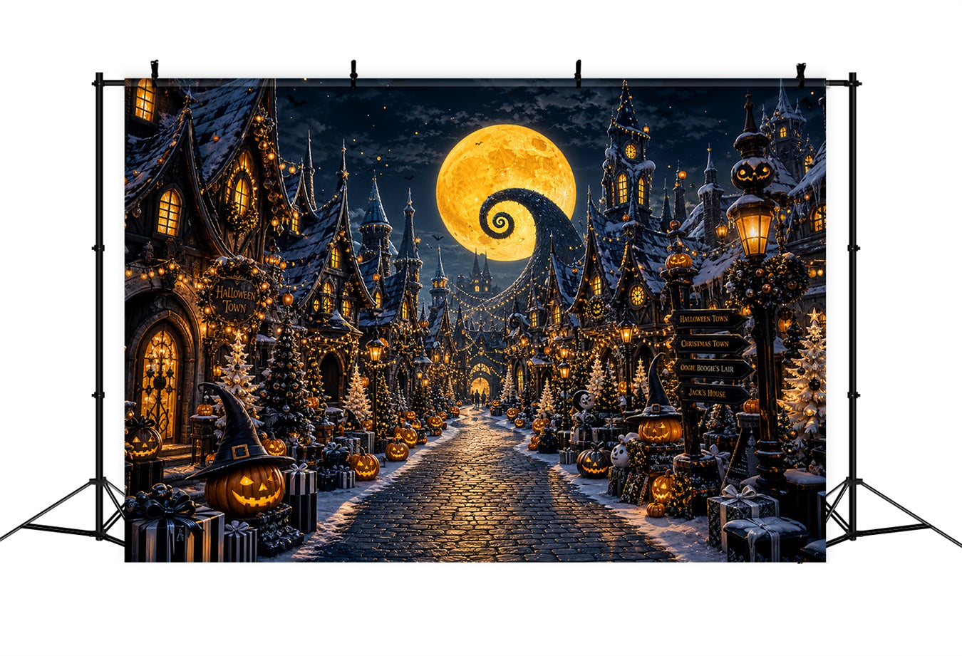 Halloween Village Backdrop Spiral Moon Pumpkin Halloween Photo Booth Backdrop LXX67-220