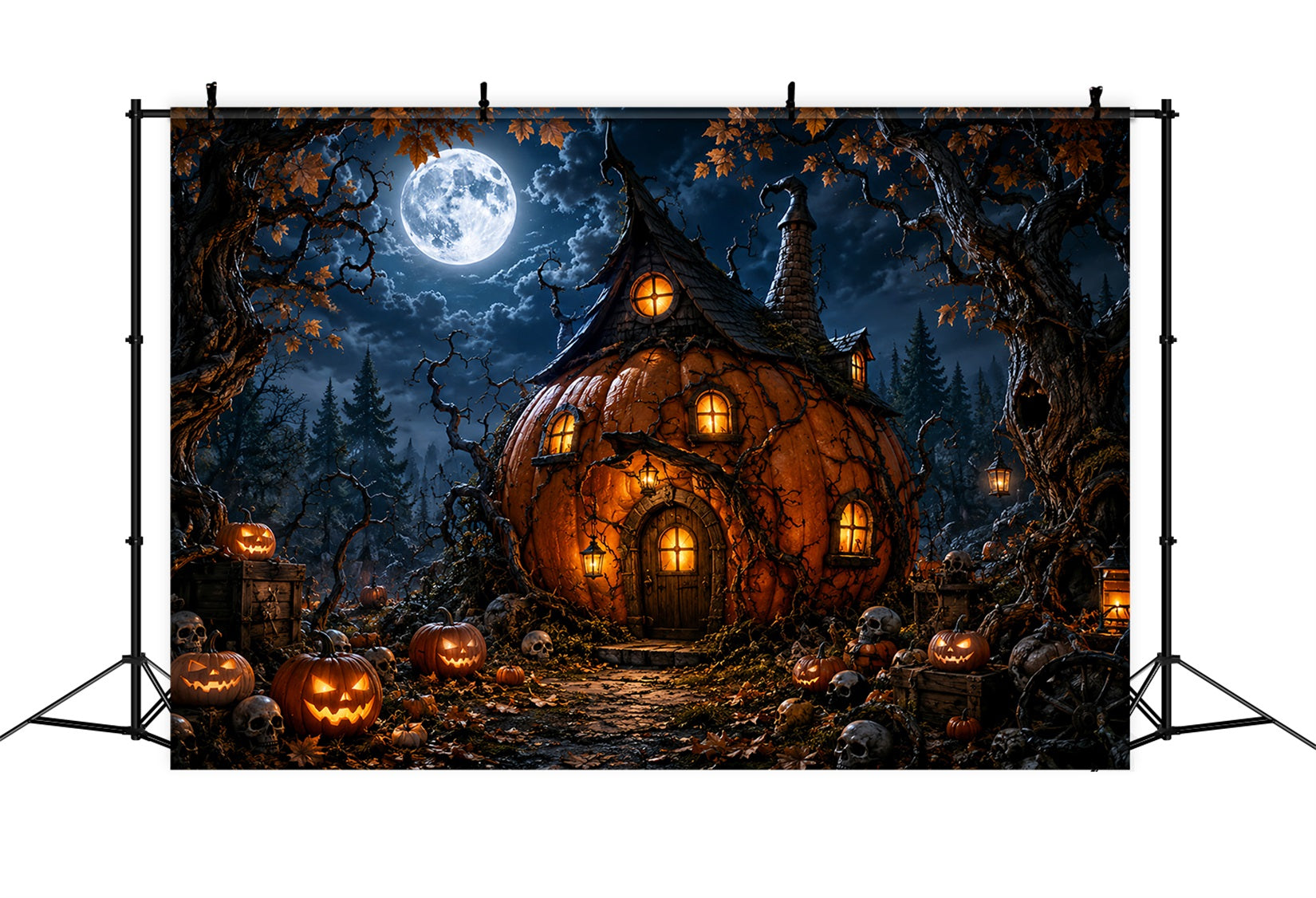 Magical Forest Backdrop Moonlit Pumpkin Witch Cottage Halloween Photo Backdrops LXX67-222
