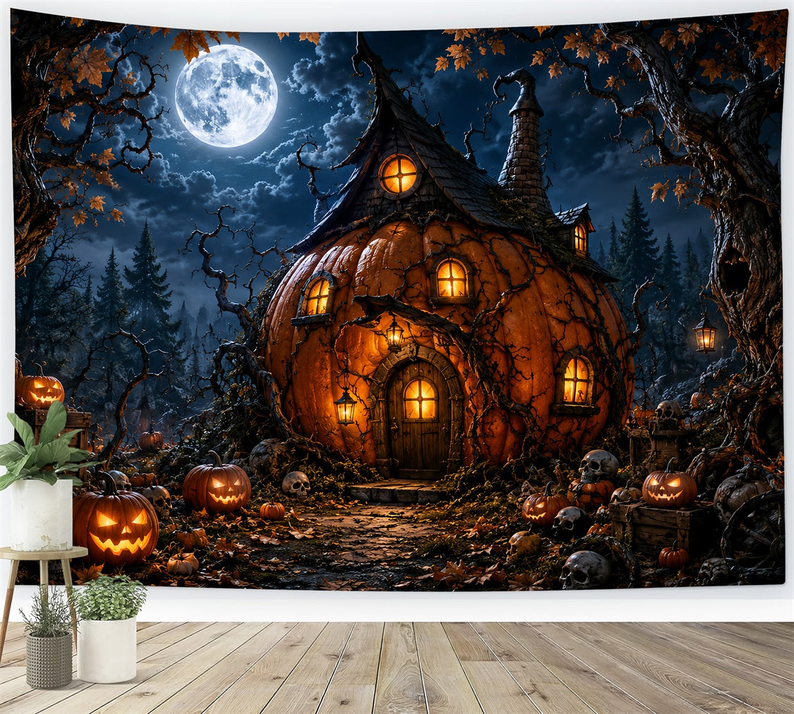 Magical Forest Backdrop Moonlit Pumpkin Witch Cottage Halloween Photo Backdrops LXX67-222