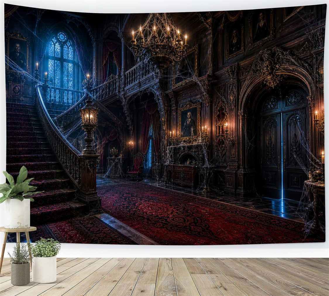 Haunted House Photo Backdrop Cobweb Gothic Manor Hall Halloween Photo Backdrop Ideas LXX67-229