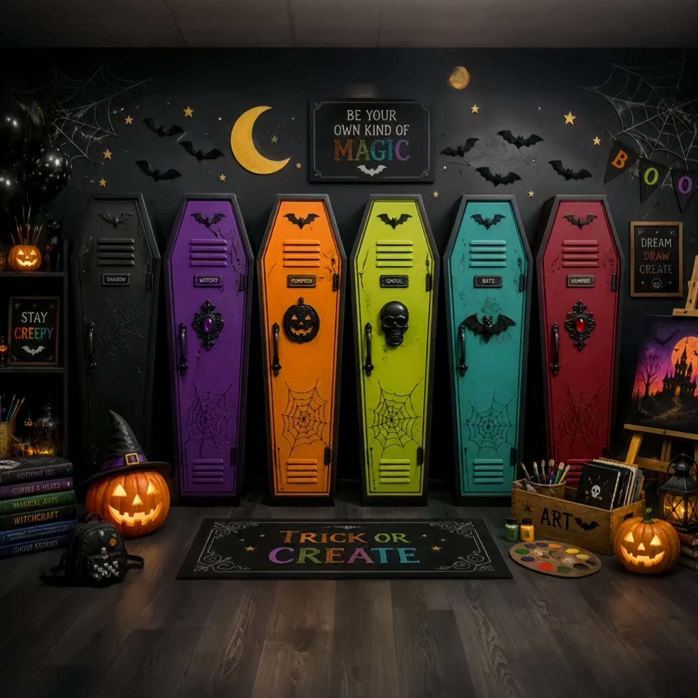 Coffin Backdrop Colorful Coffin Art Classroom Photo Booth Halloween Backdrop LXX67-246