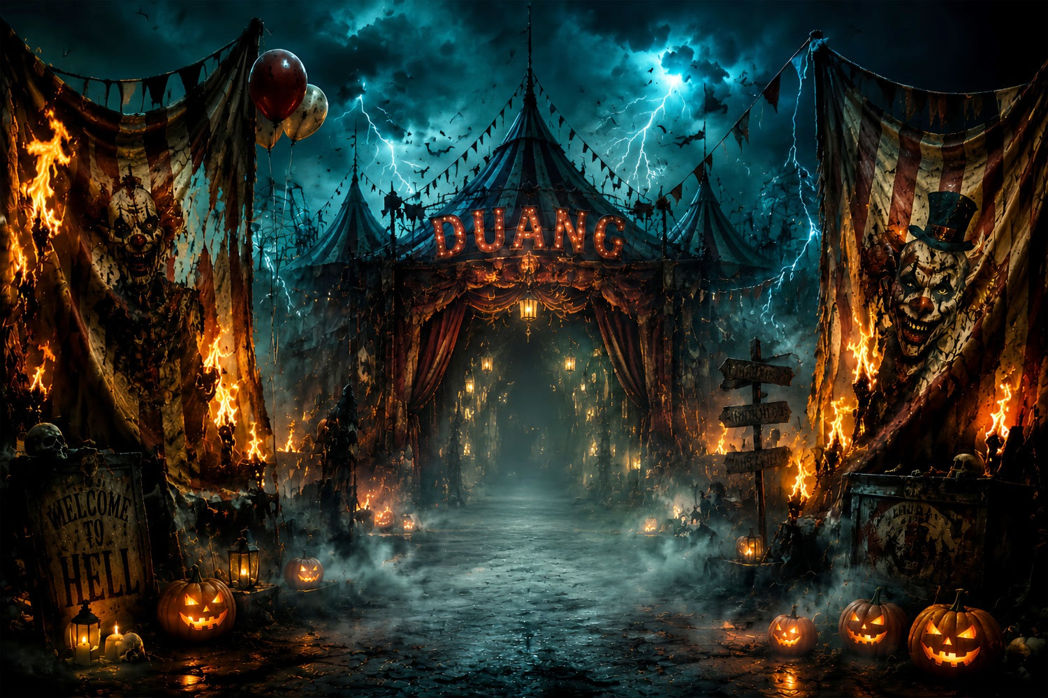 Halloween Spooky Backdrop Burning Haunted Circus Entrance Spooky Halloween Backdrops LXX67-25